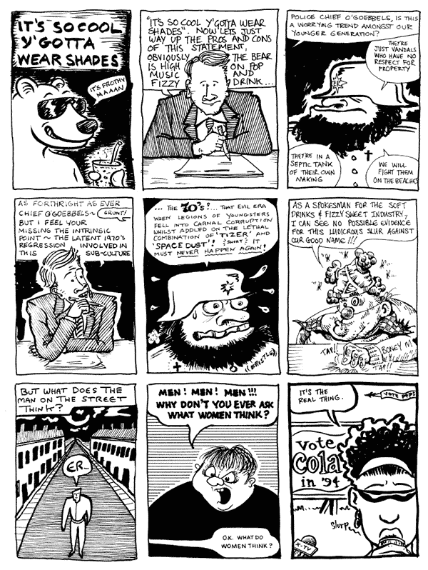 1 mooncat 2 Andrew Herbertson 3 Andy Roberts
4 mooncat 5 Lee Kennedy 6 Martin Meeks
7 Darryl Cunningham 8 Donald Rooum 9 Andy Roberts
All artwork  individual artists. Not to be reproduced without permission